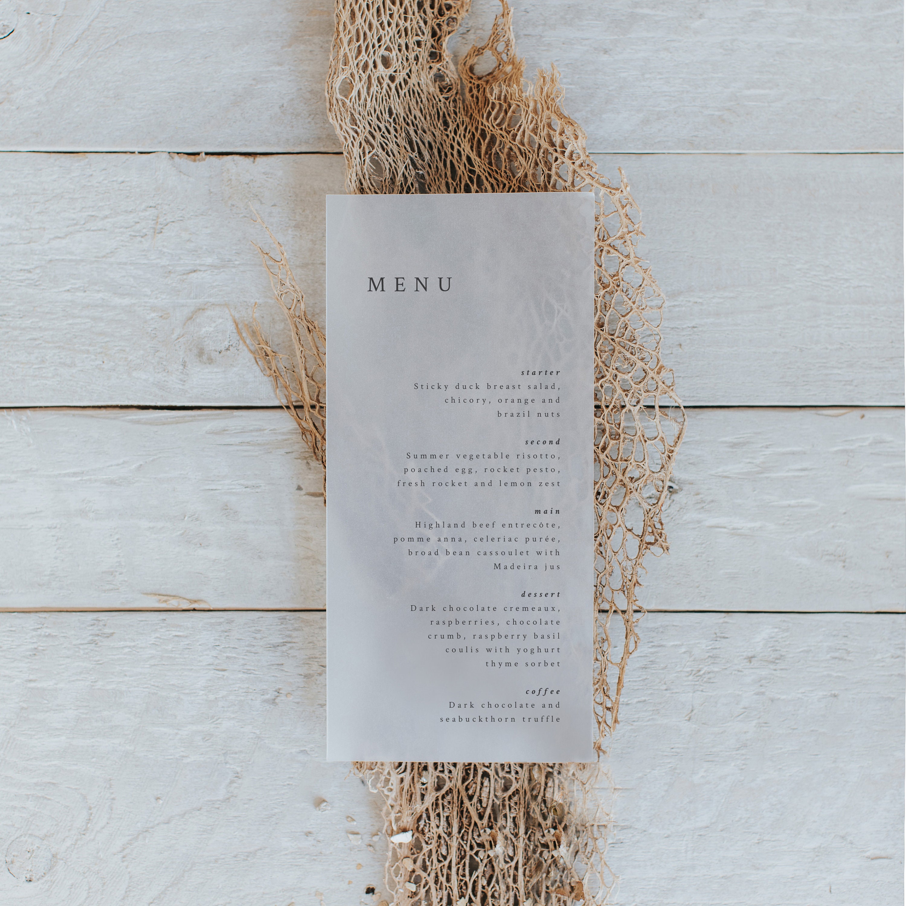 Transparent Dinner Menu Design. Modern Vellum Wedding Menu