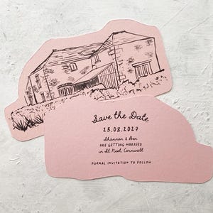 May include: Two pink, uniquely shaped wedding invitations. The top invitation features a black and white sketch of a building. The bottom invitation has the text "Save the Date" and wedding details, including the date, location, and names.