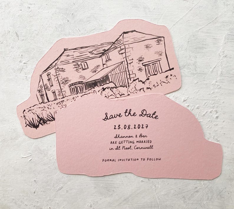 May include: Two pink, uniquely shaped wedding invitations. The top invitation features a black and white sketch of a building. The bottom invitation has the text "Save the Date" and wedding details, including the date, location, and names.