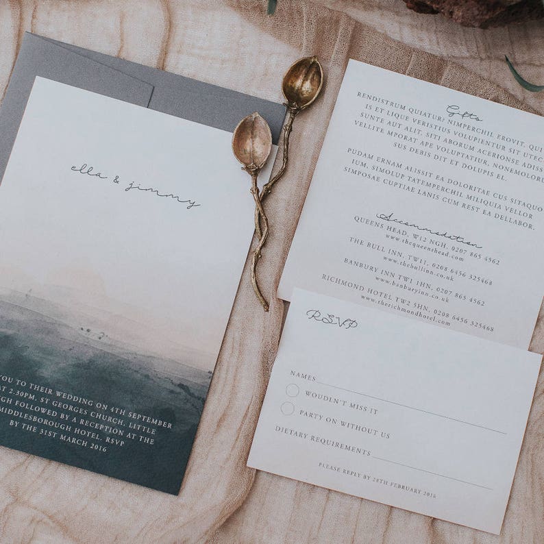 Includes Wedding Invitation Dusty Pink Wedding Invitation Set with Black Ink Printed RSVP and Envelope. Information Card