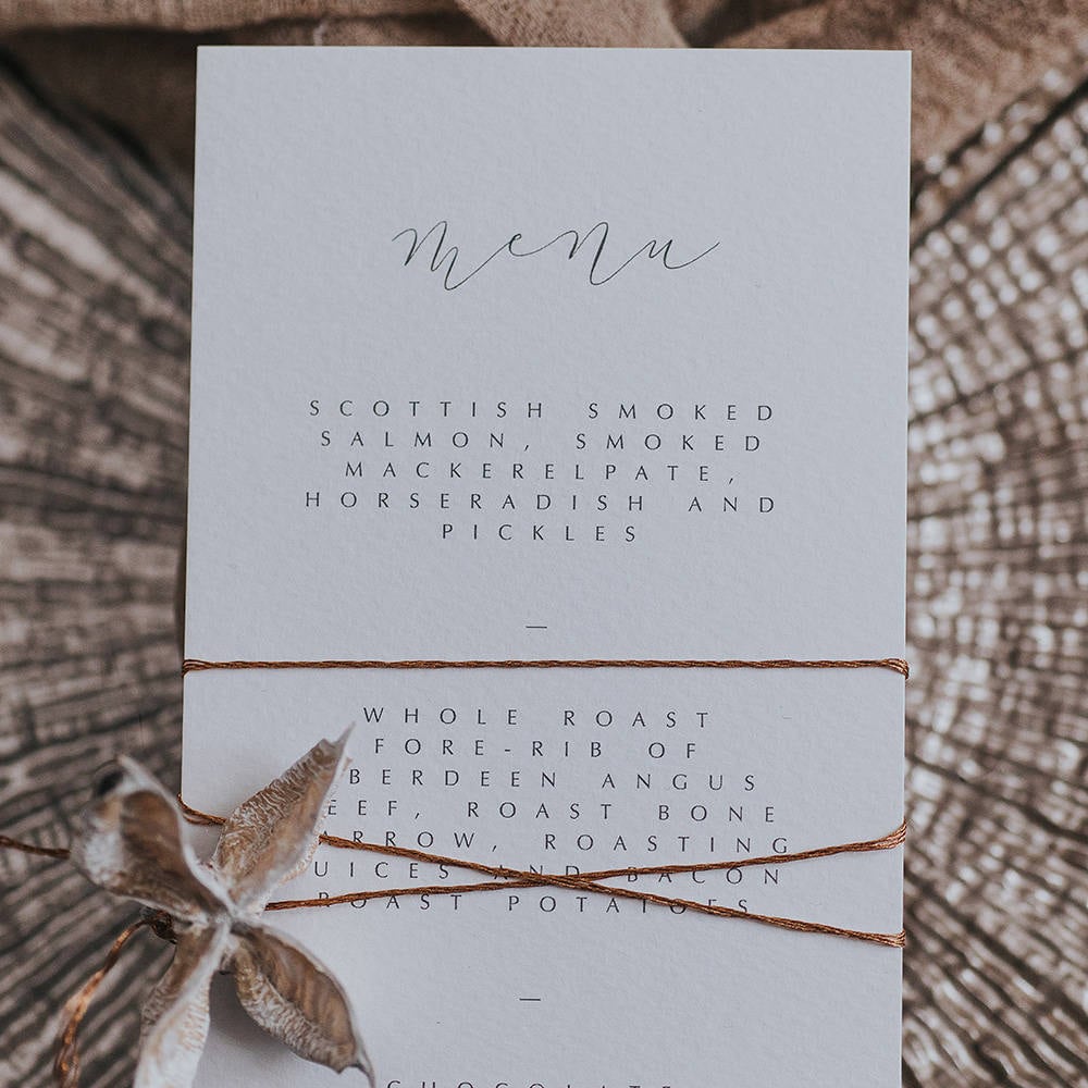 Sophisticated Style Wedding Menu Card. Personalised Dinner Menu. Wedding Place Setting