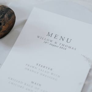 Elegant wedding menu card - Personalised Dinner Menu - Wedding Place Setting - Place Cards