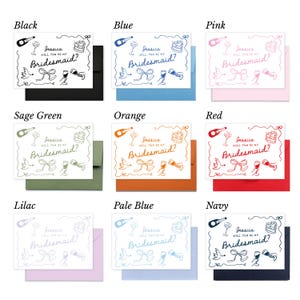 May include: Nine cards with envelopes in various colors, each featuring the text "Jessica, Will You Be My Bridesmaid?" in a handwritten style, along with illustrations of a champagne bottle, cake, and other celebratory elements.