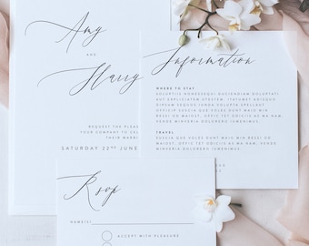 Wedding Invitation Set with stylish and classic fonts - Includes Wedding Invitation, Information Card, RSVP and Envelope - Printed