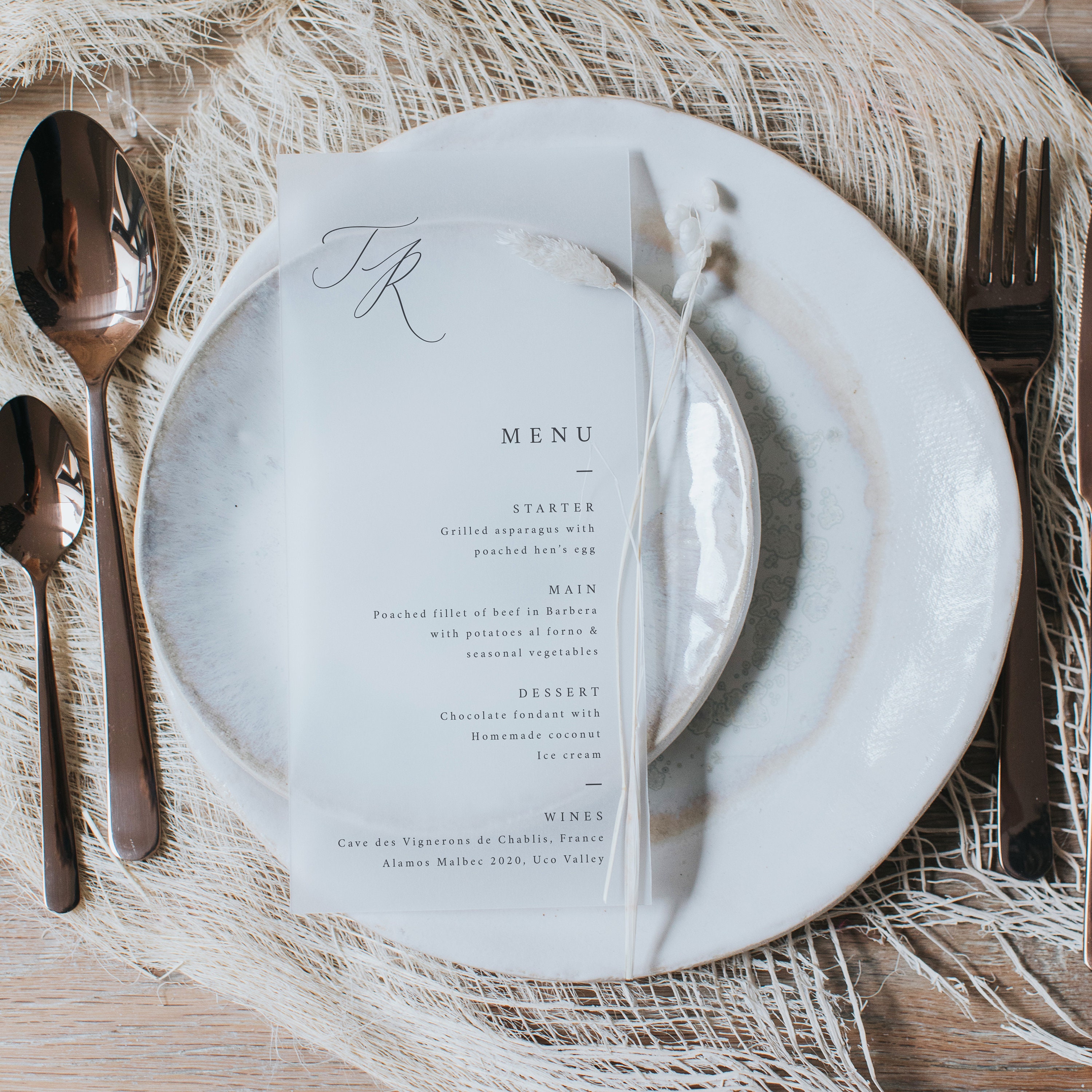 Transparent Dinner Menu Design. Modern & Minimal Vellum Wedding Menu