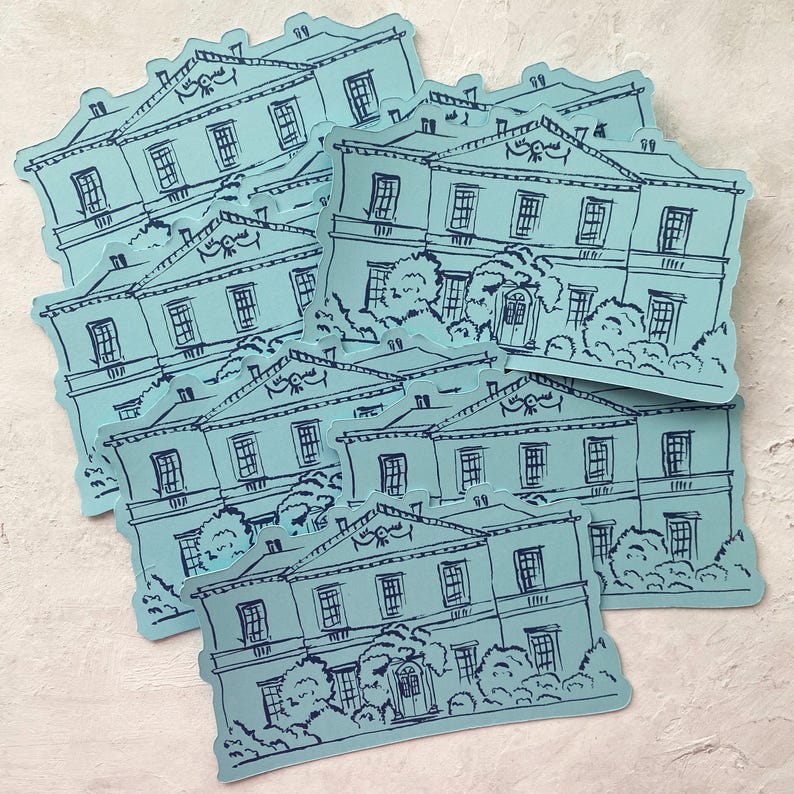 May include: A collection of light blue stickers featuring a detailed illustration of a stately building with multiple windows, a central door, and surrounding foliage. The stickers have a dark blue outline and are arranged in a slightly overlapping pattern.