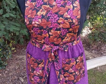 Handmade Purple Grape Print Bib Apron with Purple  Terrycloth Skirt and Coordinating Pockets - FREE SHIPPING