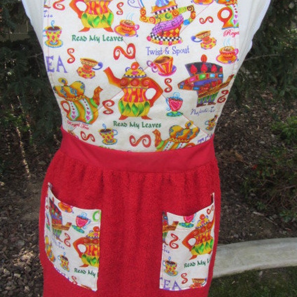Handmade Bright Colored Tea Pots Print Bib Apron with Red Terrycloth Towel Skirt and Pockets FREE SHIPPING