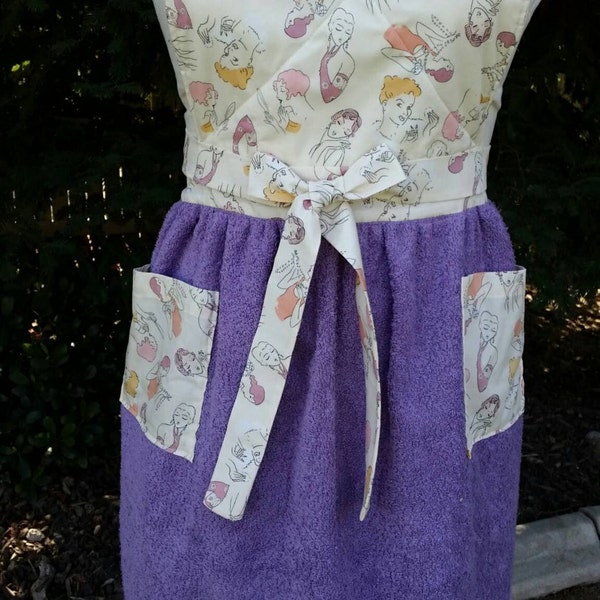 Handmade Bib Apron with1920's Glamor Girls Print on Lavender Terrycloth Towel with Pockets  FREE SHIPPING