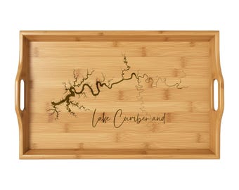 Bandeja de bambú con el contorno del lago Cumberland / Mapa del lago grabado