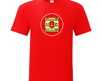 May include: A vibrant red t-shirt with a circular design. The design features the word "ALLEZ" stacked three times in yellow text, outlined in black, within a white circle. The t-shirt has a classic crew neck.