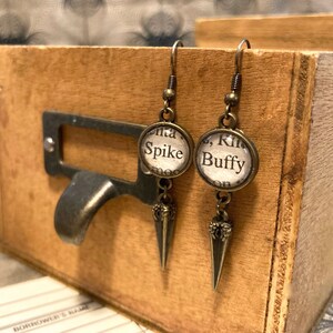 Buffy Spike Vampire Slayer Earrings Antique Bronze Vintage Book Pages