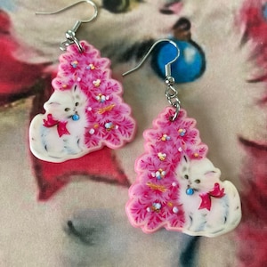 Orecchini retrò in acrilico con gattino natalizio, albero di Natale rosa, metà secolo, anni '50, '60