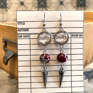 Blood Bead Spiked Earrings made from Vintage Buffy Book Pages