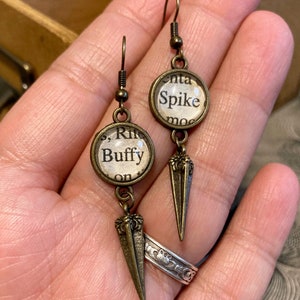 Buffy Spike Vampire Slayer Earrings Antique Bronze Vintage Book Pages