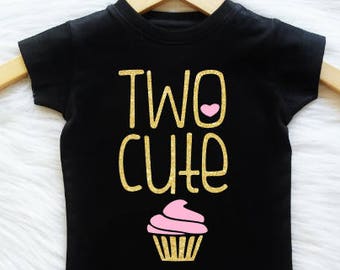 Customizable Colors TWO CUTE Girls Second Birthday Shirt Glitter Birthday Shirt Toddler Girls Birthday Cupcake Shirt Girls 2nd Birthday