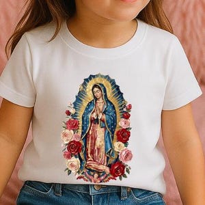 Alla storlekar | Virgen De Guadalupe | Vår Fru av Guadalupe | Jungfru Maria flicktröja | Faith Bases barnkläder | Katolsk barntröja
