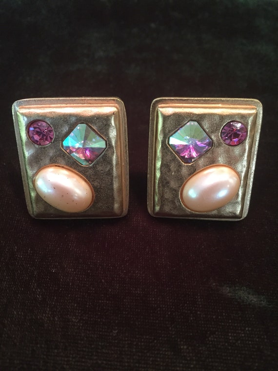 Vintage YSL Earrings with inlaid pearl and sparkl… - image 1