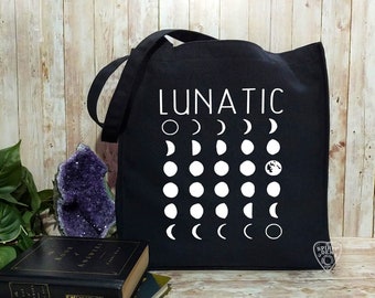 Lunatic Moon Phases Black Cotton Tote Bag Moon Lover Gift Selenophile Metaphysical Gift Boho Tote Tote Bag With Pockets Moon Phases