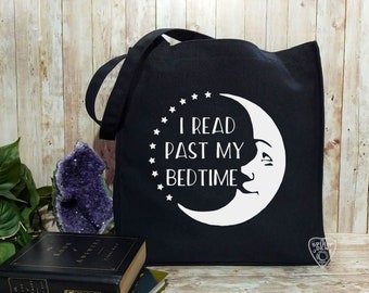I Read Past My Bedtime Moon Black Cotton Tote Bag Book Bag Metaphysical Gift Moon Lover Indie Boho Tote Book Lover Gift Reader Gift