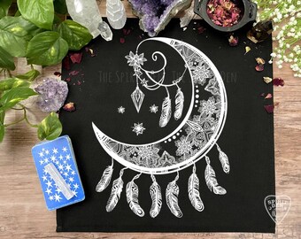 Crescent Moon Dreamcatcher Altar Cloth | Tarot Cloth | Divination | Tarot Reading Cloth | Dream Catcher Cloth  Witch Gift Metaphysical Gift