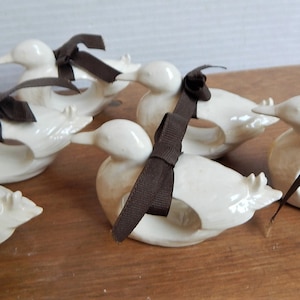 Napkin Ring Holders, White Porcelain Ducks with Ribbon Bows, Set of 6