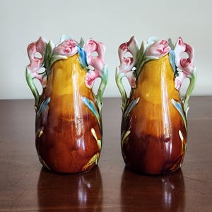 Pair (2) Antique Art Nouveau French Majolica Vases