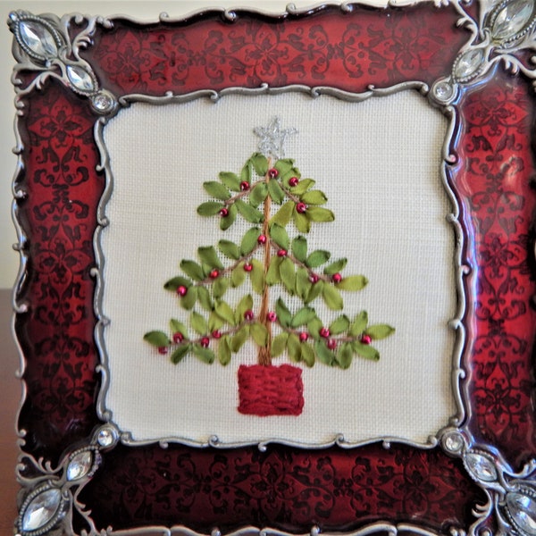 Silk Ribbon Embroidery Framed, Christmas Tree, 4x4 Red Enamel & Rhinestone Picture Frame, Tabletop, Easel Back
