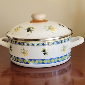 May include: White enamel cooking pot with lid, featuring a decorative pattern of lemons and berries. The pot has a silver rim, white handles, and a wooden knob. The design includes blue and green diamond shapes.