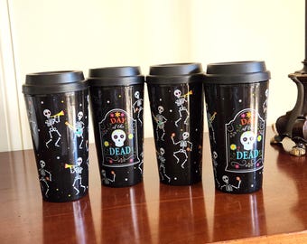 Set of 4 Halloween Insulated Travel Mugs, Day of the Dead, Skeletons