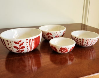 Set of 4 Small Nesting Pottery Bowls, Red & White Hand Painted