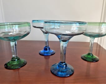 Set of 4 Margarita Glasses, Handblown Blue Green Heavy Glass, Made in Mexico