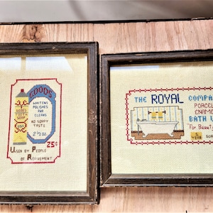Pair Needlepoint, Framed, Choice of 1 or 2, Whimsical Bathroom Themes, Toothpaste Ad & Bathtub Ad