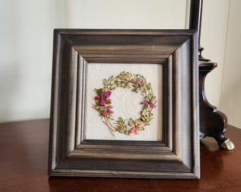 Silk Ribbon Embroidery Art: Framed Floral Wreath with Bumble Bee