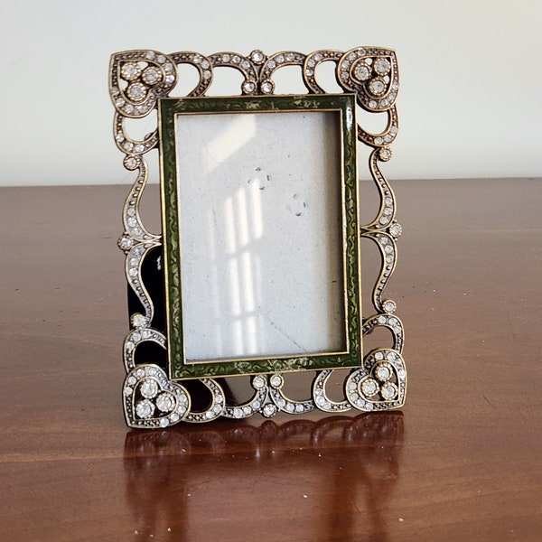 Gold Metal, Enamel & Jeweled Small Picture Frame, Green with Clear Rhinestones, Easel Back Photo Frame