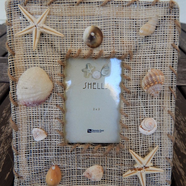 Cute Small Sea Shell Picture Frame, Photo Size 2" x 3" Tabletop, Easel Back Coastal Beach House Decoration