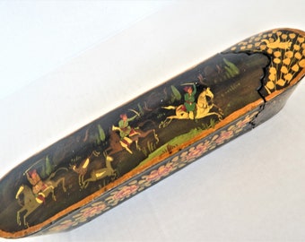 Antique Persian Papier Mache, Pencil / Pen Box, Holder, Case, Hand Painted Hunt Scene
