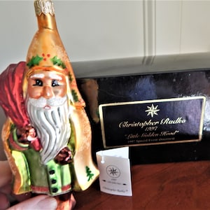 Christopher Radko Blown Glass Christmas Ornament &quot;Little Golden Hood&quot;, 1997 Retired German Santa with Box & Tag