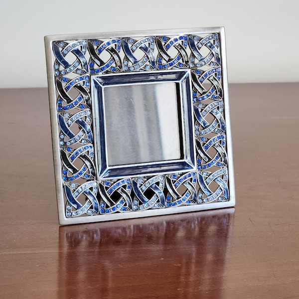 Square Metal, Enamel & Jeweled Picture Frame, Shades of Blue Stones, 2x2 Image Size, Table Top Easel Back