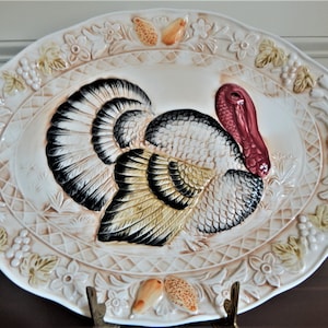 Large Oval Turkey Platter 17-1/2&quot; x 14&quot; Hand Painted, Embossed Fruit & Vegetables on Edge, by Caldor Inc. of JAPAN - Mid Century