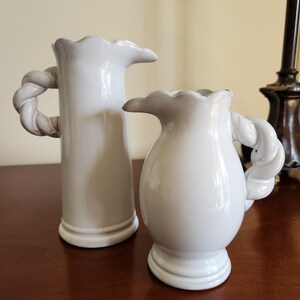 Mud Pie Pair of Small White Vases, Pitchers with twisted handles