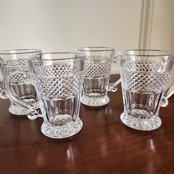 Set of 4 RARE Crystal by Hearthside, Tea Cups, Coffee Mugs, Cross-hatch & Panel Design - Yugoslavia 1960s