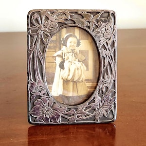 Mini Floral Repoussé Silver Tone Picture Frame, Old Photo Little Girl in Winter Attire