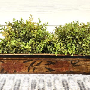 May include: A rectangular wooden planter box with a distressed finish, filled with two mounds of green foliage. The box has a dark brown border and is decorated with black leaf designs and red accents.