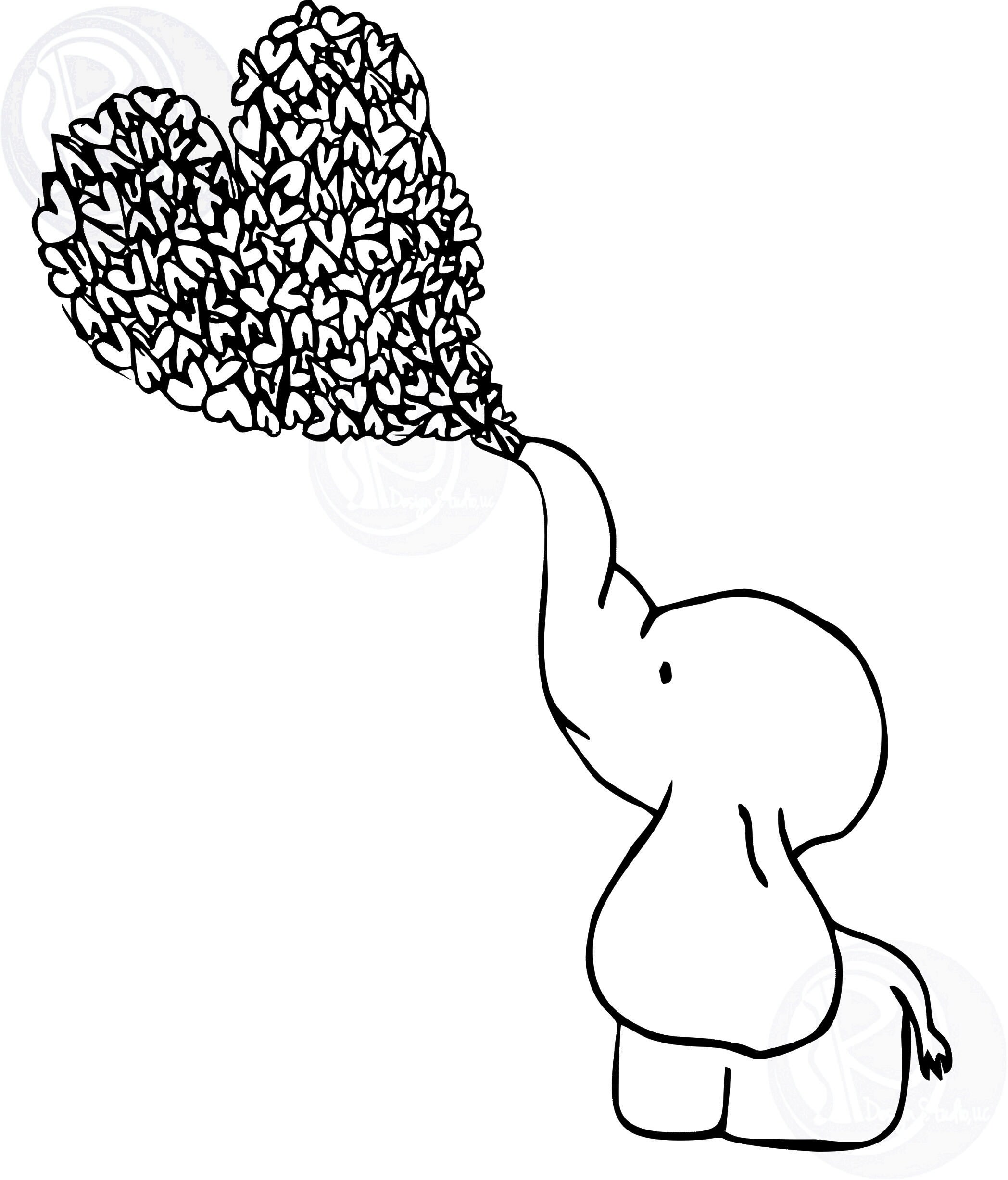 Baby Elephant With Hearts SVG – Pen and Ink Drawing (digital Download ...