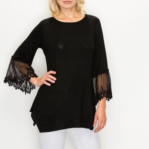 Black 3/4 Sleeve Lacey Trim Top Flowing Black S 2XL - Etsy