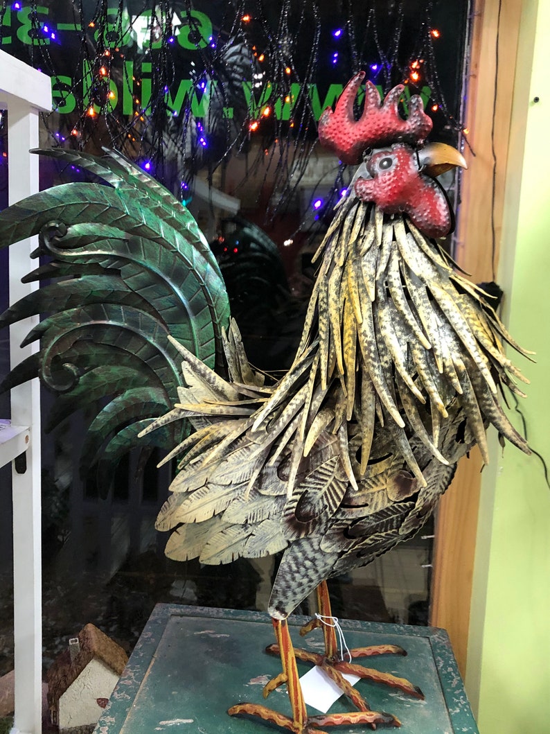 Large metal iron rooster Amazing color and details Garden Etsy