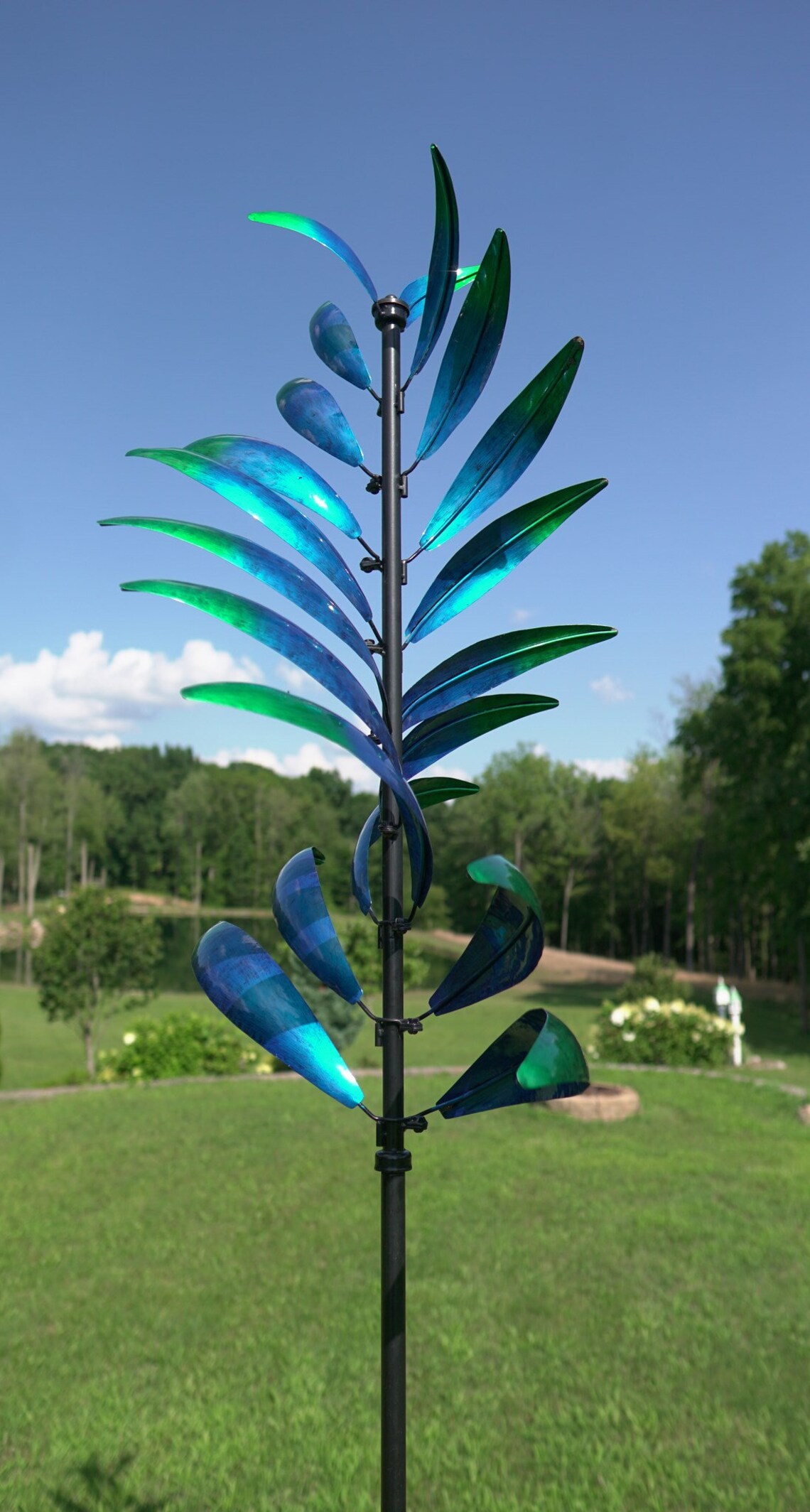Garden Wind Spinner Blue & Green Feather Garden Art Etsy