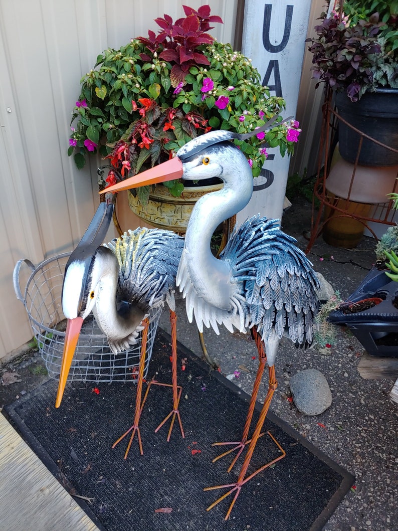 Stunning Pair Great Blue Heron Metal Statues l Garden Art Etsy