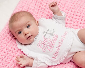 PINK God Bless Baby Personalized Baptism Bib - Girl's Ruffle PINK and White Gray Cross Christening Bib - Embroidered Baptism keepsake